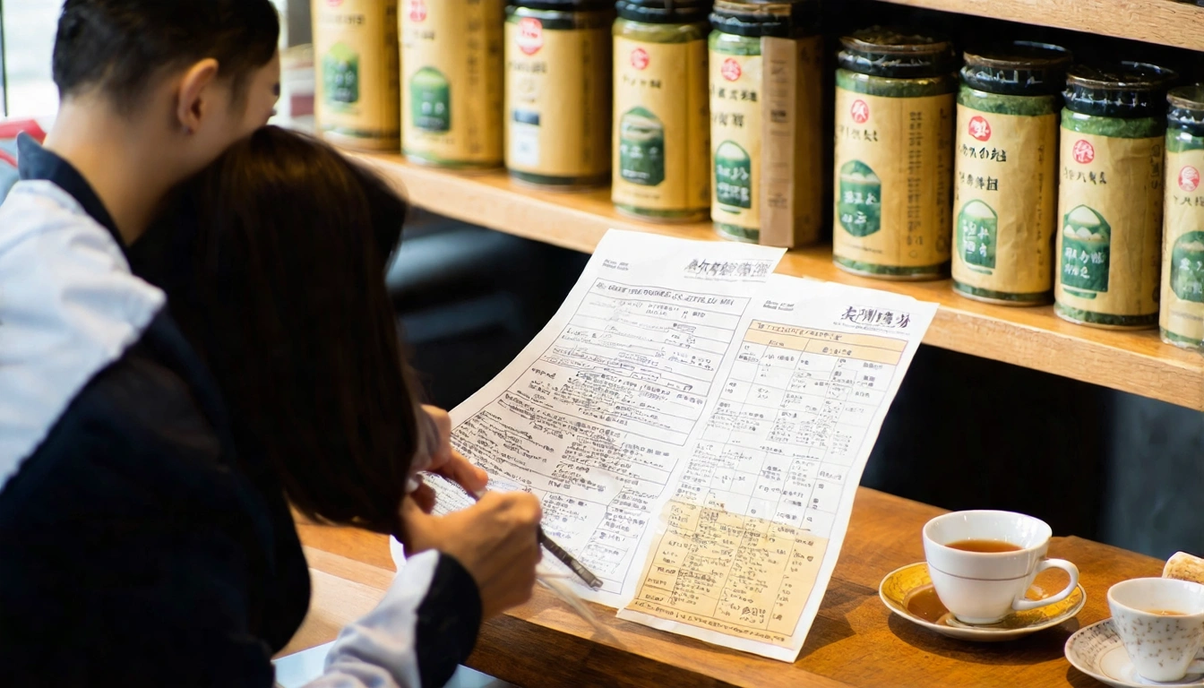 農藥安全選購場景，消費者在茶葉店檢視農藥殘留檢驗報告文件，桌上擺著三種不同包裝的台灣茶葉，背景可見茶葉罐整齊排列