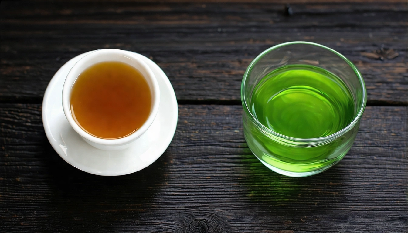 台灣茶 vs 日本茶對比視覺，左側台灣烏龍茶湯呈金黃琥珀色盛在白瓷蓋碗，右側日本煎茶茶湯呈鮮翠綠色盛在玻璃杯，兩杯並排在深色木質桌面，自然光側打