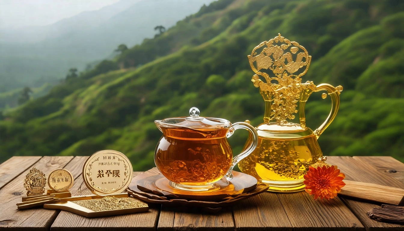 台灣茶在世界舞台上的榮耀圖片:東方美人茶的精美展示、國際茶葉競賽的獎牌,背景是台灣高山茶園,展現台灣茶的世界級地位