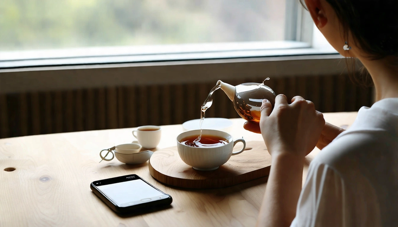 現代台灣茶道場景:年輕人在明亮的茶室中,用簡約茶具沖泡阿里山高山烏龍,木質茶盤、白瓷茶杯,一旁有手機記錄茶湯,展現台灣年輕一代的輕茶道生活方式