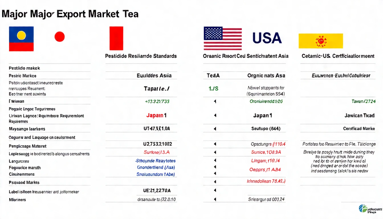 四大主要出口市場比較圖表（日本、美國、歐盟、東南亞），各市場的農藥殘留標準、有機認證要求、標籤語言要求對比，清晰的商業比較圖表設計