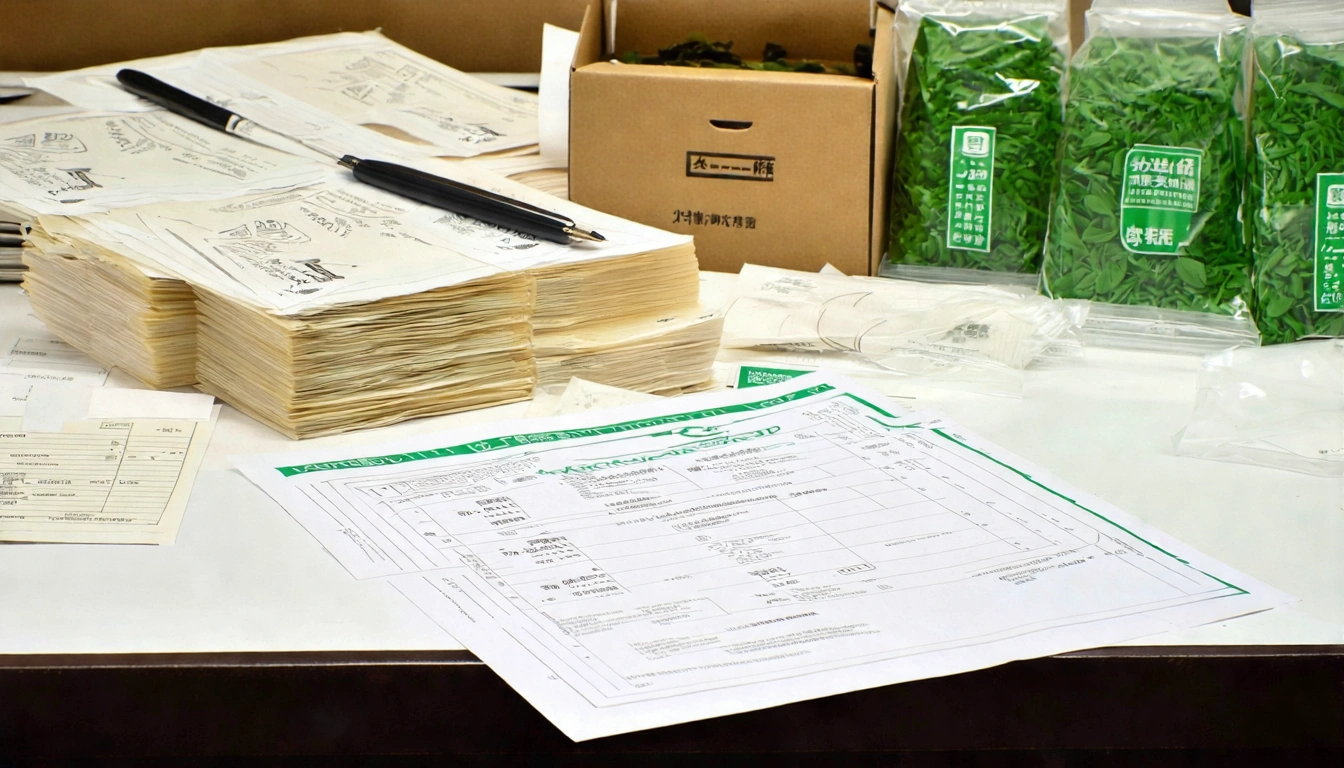台灣茶葉出口文件準備場景，辦公桌上整齊擺放的植物檢疫證明、商業發票、裝箱單等出口文件，旁邊是待出口的台灣茶葉包裝箱和農委會官方印章，呈現台灣茶葉出口的正式流程