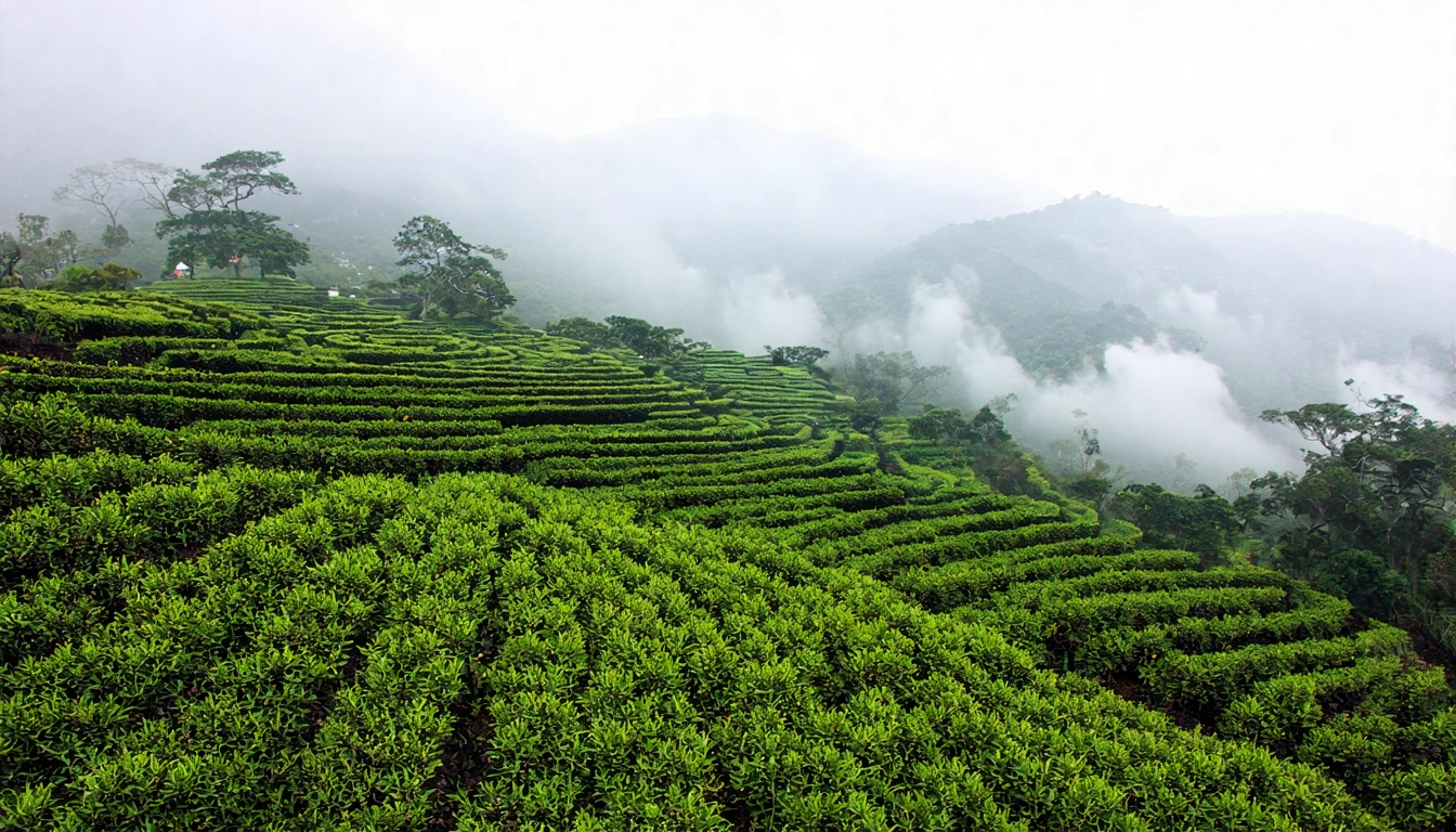 阿里山茶園清晨雲霧景致,海拔1200公尺的梯田式茶園在雲霧中若隱若現,茶樹排列整齊,遠處是阿里山山脈,壯觀的高山茶區地理風景