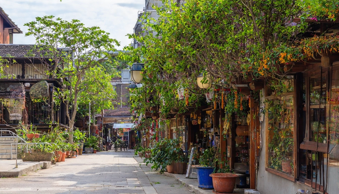 坪林茶業博物館外觀與茶業老街場景,新北市坪林的茶業博物館建築外觀,搭配坪林老街的茶行和茶園小徑,台北近郊的茶文化一日遊氛圍