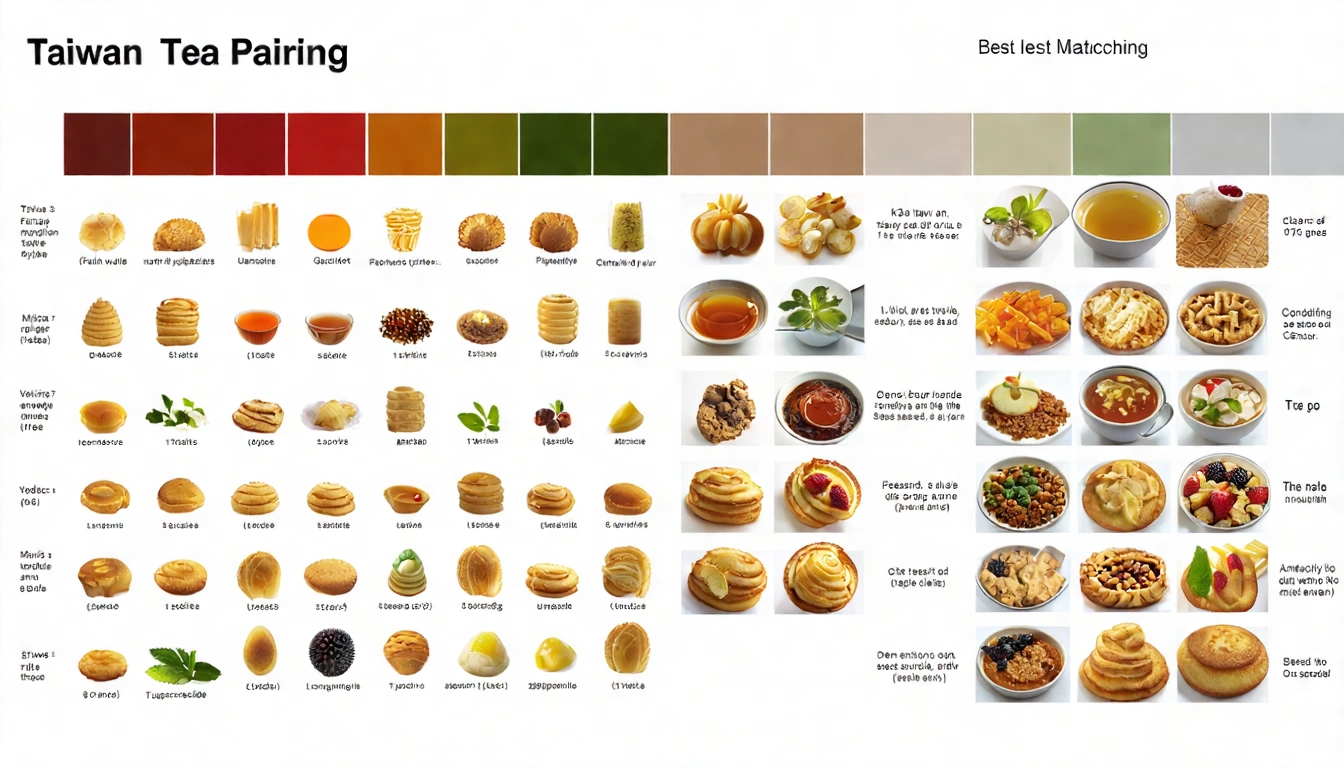 台灣各茶類配點心對照表視覺圖,左列茶款,右列對應最佳搭配點心,用顏色和圖示呈現的資訊圖表風格,清晰的配對邏輯展示