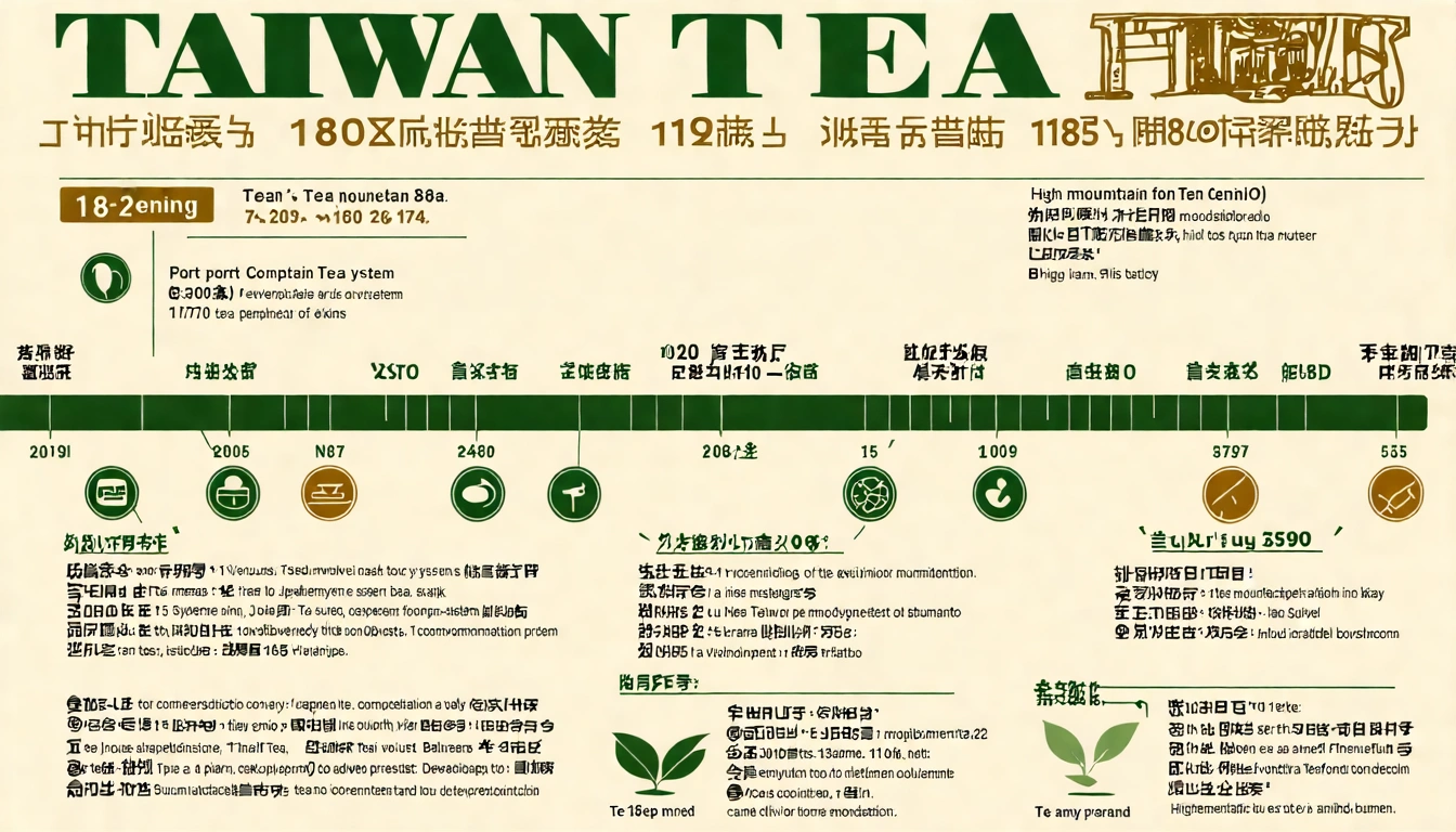 台灣茶葉歷史里程碑表格圖解，從1860年開港到2020年代年輕化，重要歷史事件以時間軸形式展示，配合歷史感的設計元素