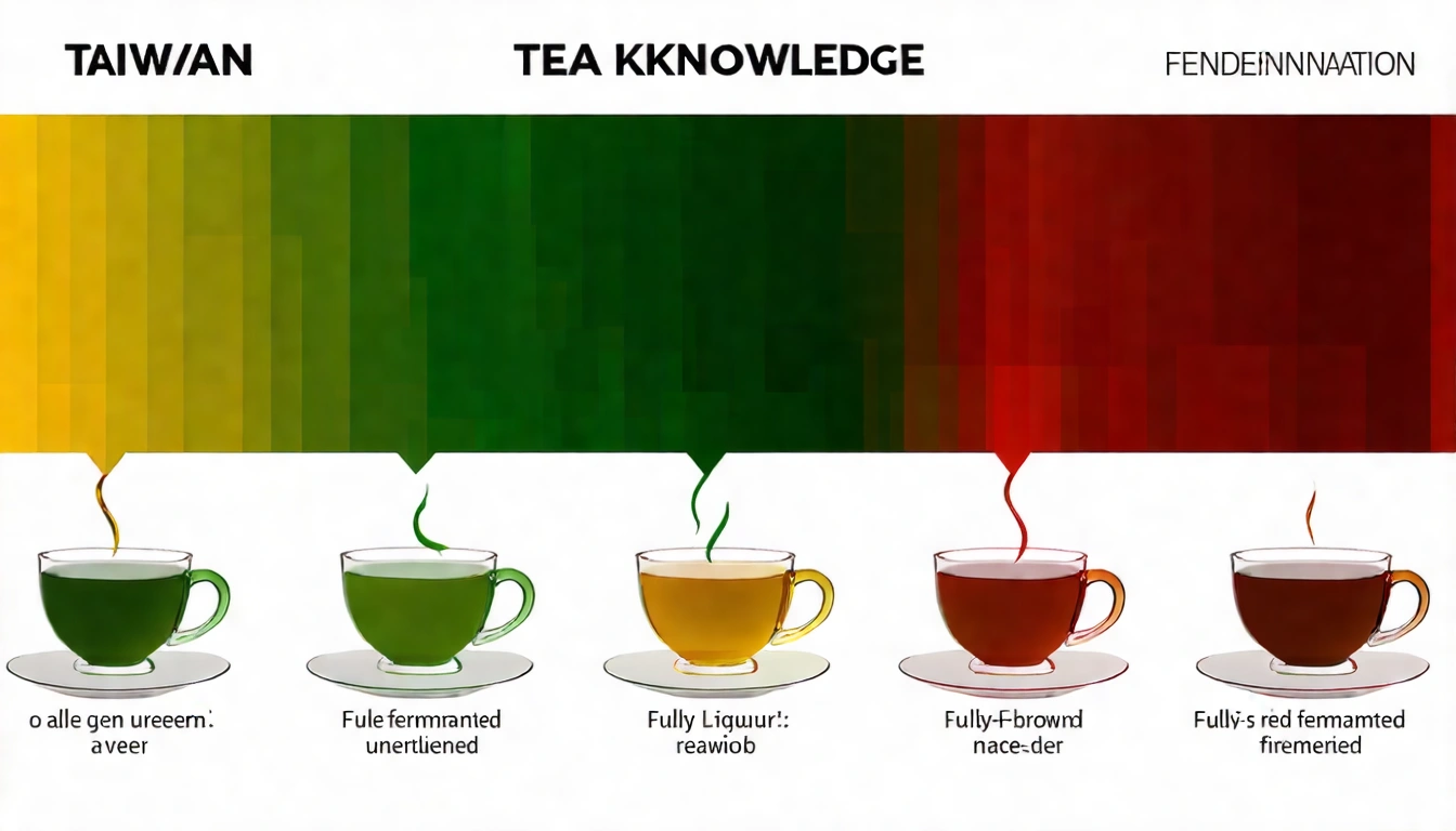 台灣茶葉知識圖解主視覺,展示六大茶類的茶湯顏色從淡綠到深紅的完整光譜,代表不同發酵程度