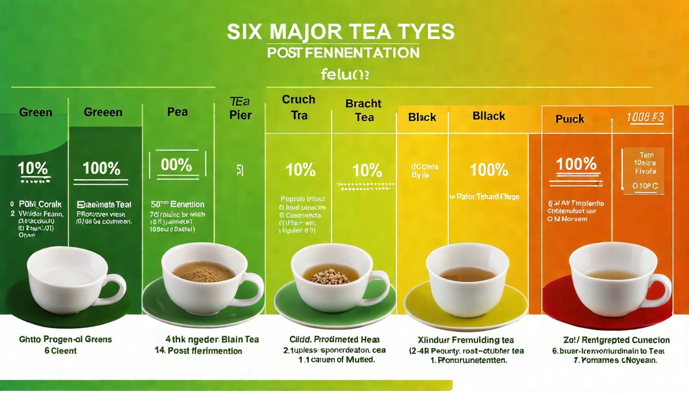 六大茶類發酵程度圖解,從0%不發酵的綠茶到100%全發酵的紅茶,再到後發酵的黑茶,清楚的色彩漸層圖示