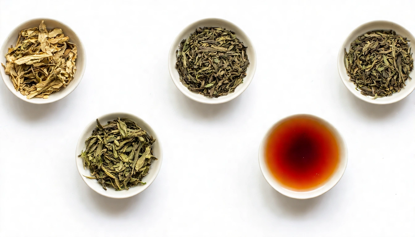 台灣十大名茶並排展示,各款茶葉的乾茶外觀與茶湯顏色對比,從左到右:文山包種(條索型、淡黃湯)、阿里山茶(球型、金黃湯)、凍頂烏龍(球型、琥珀湯)、東方美人(紅棕色、深蜜湯)、日月潭紅玉(條索型、深紅湯)