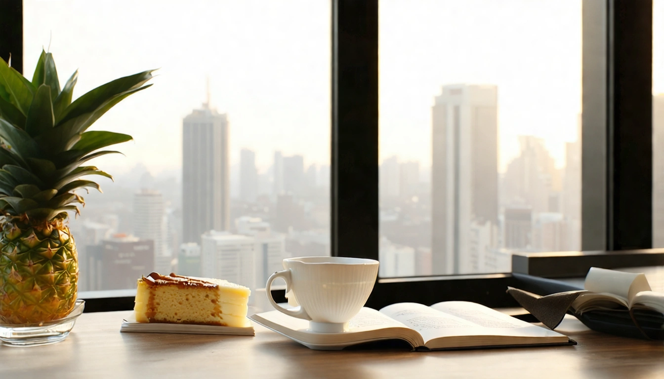 台灣下午茶文化場景,辦公桌旁的私人茶角落,白瓷茶杯裡盛著金黃四季春,旁邊放著鳳梨酥和筆記本,窗外台北城市景色,都市人的品茶儀式感