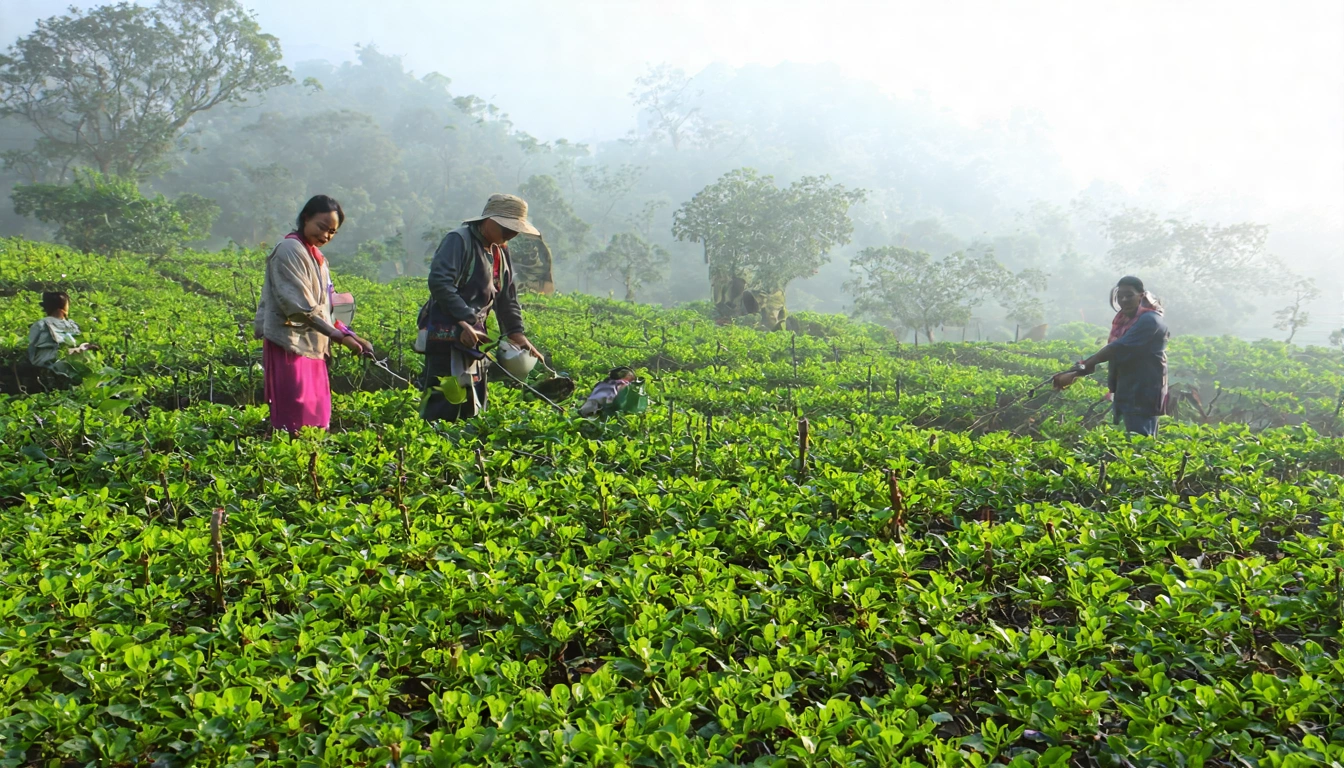 台灣阿里山茶園採茶體驗,遊客在茶農指導下採摘春茶嫩芽,背景是阿里山雲霧繚繞的茶行,高山自然景色壯麗