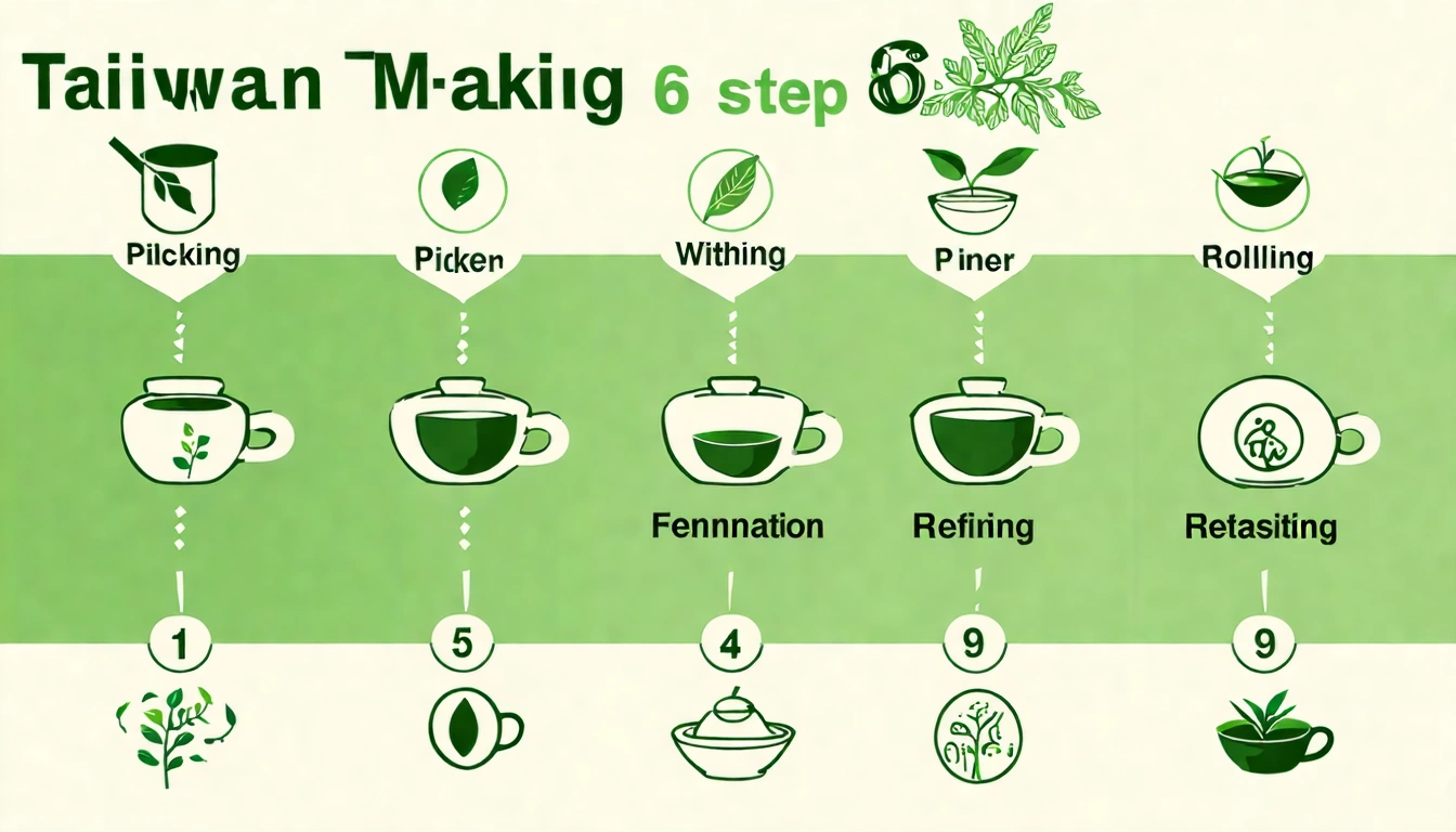 台灣製茶6大步驟流程圖，從採茶到精製包裝，每個步驟以圖示和簡短文字說明，清晰的步驟流程視覺化