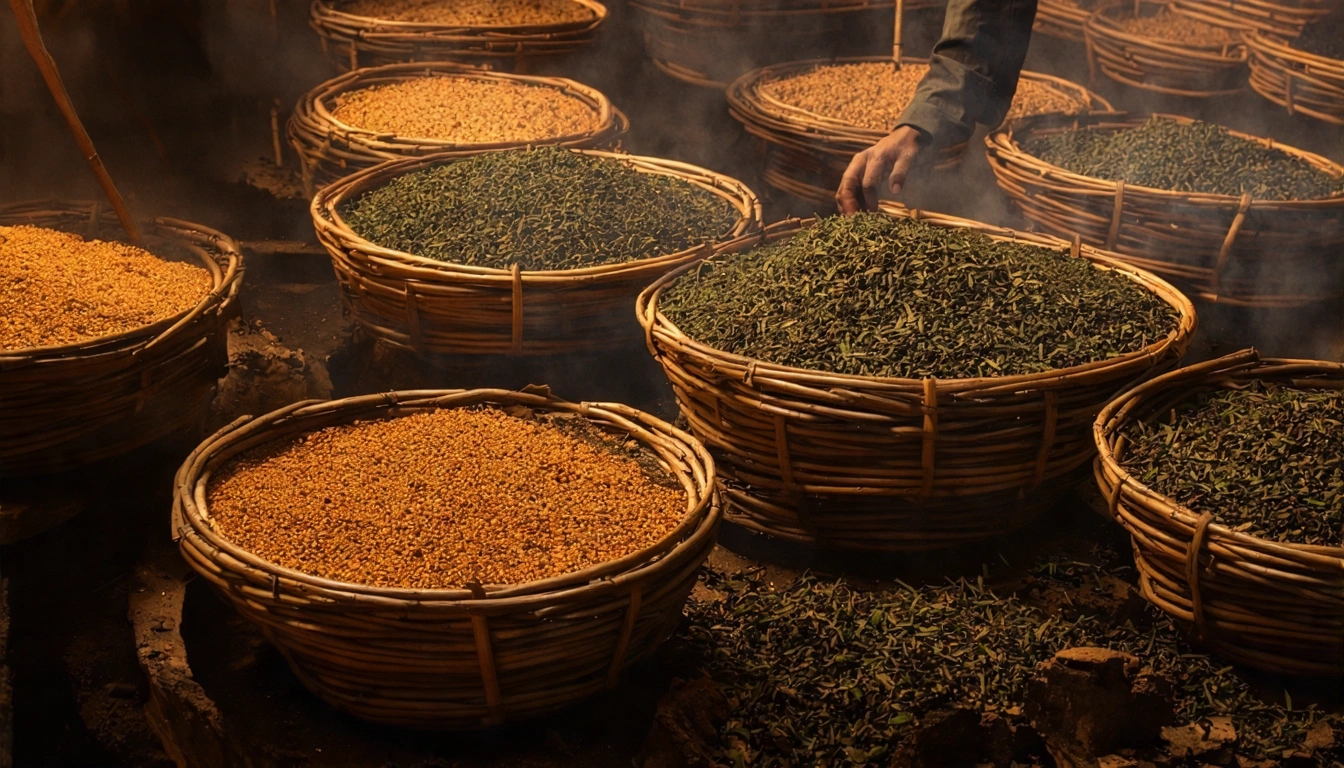 台灣烏龍茶烘焙工序場景，傳統碳焙茶師傅在烘焙間作業，茶葉在竹製烘焙籠中緩慢翻轉，溫暖的橙黃光線