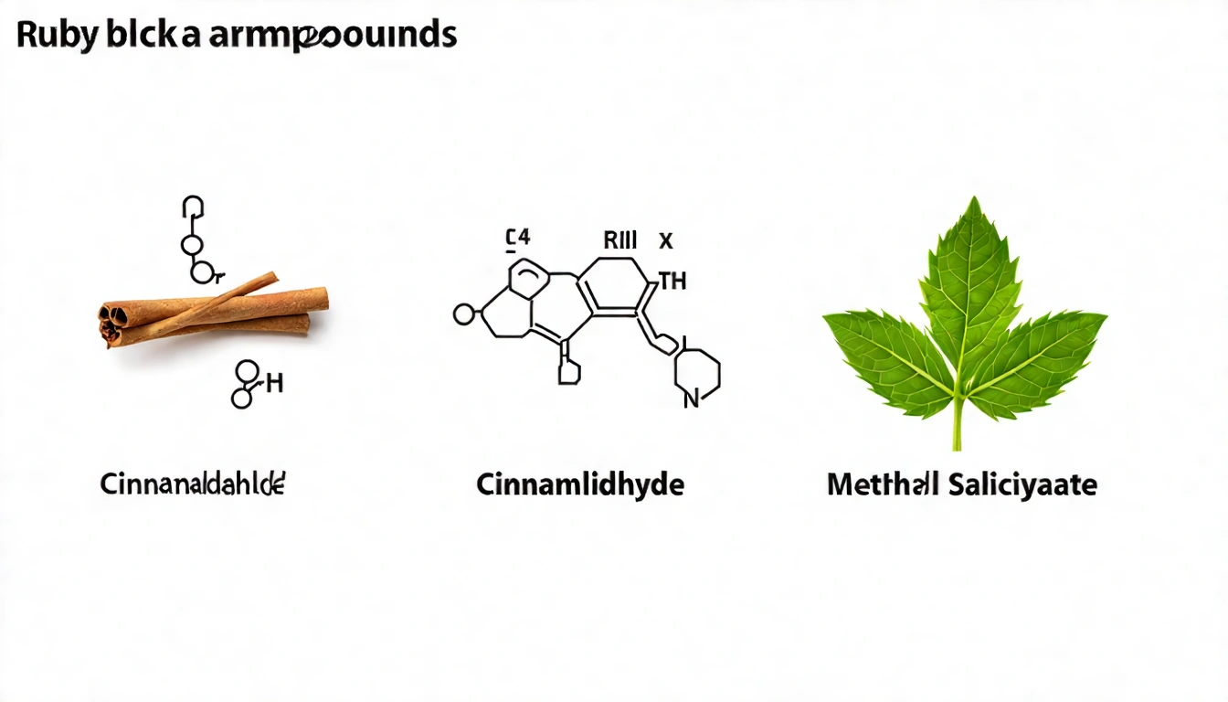 台茶18號香氣成分示意圖,展示肉桂醇與甲基水楊酸的化學結構簡圖,以及對應的肉桂和薄荷圖示