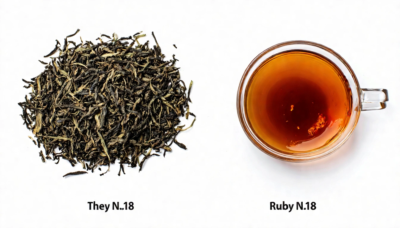 展示正宗台茶18號茶葉外觀特徵,包含條索緊結、色澤烏潤的乾茶,以及深琥珀色清澈茶湯