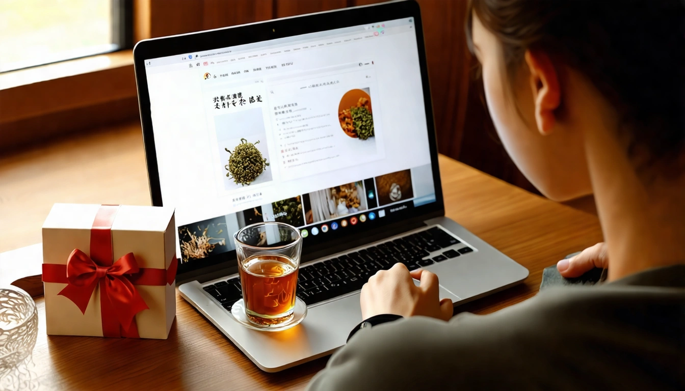 新手網購台灣茶的成功場景:一個人在電腦前查看台灣茶品牌官網,桌上擺著一杯金黃色高山烏龍茶湯,旁邊有剛收到的台灣茶包裝盒,整體氛圍輕鬆滿足