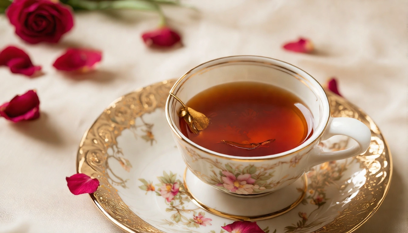 女生喝台灣茶的精緻場景,蜜香紅茶在精緻白瓷杯中呈現琥珀色,旁邊有玫瑰花點綴,溫柔優雅的氛圍