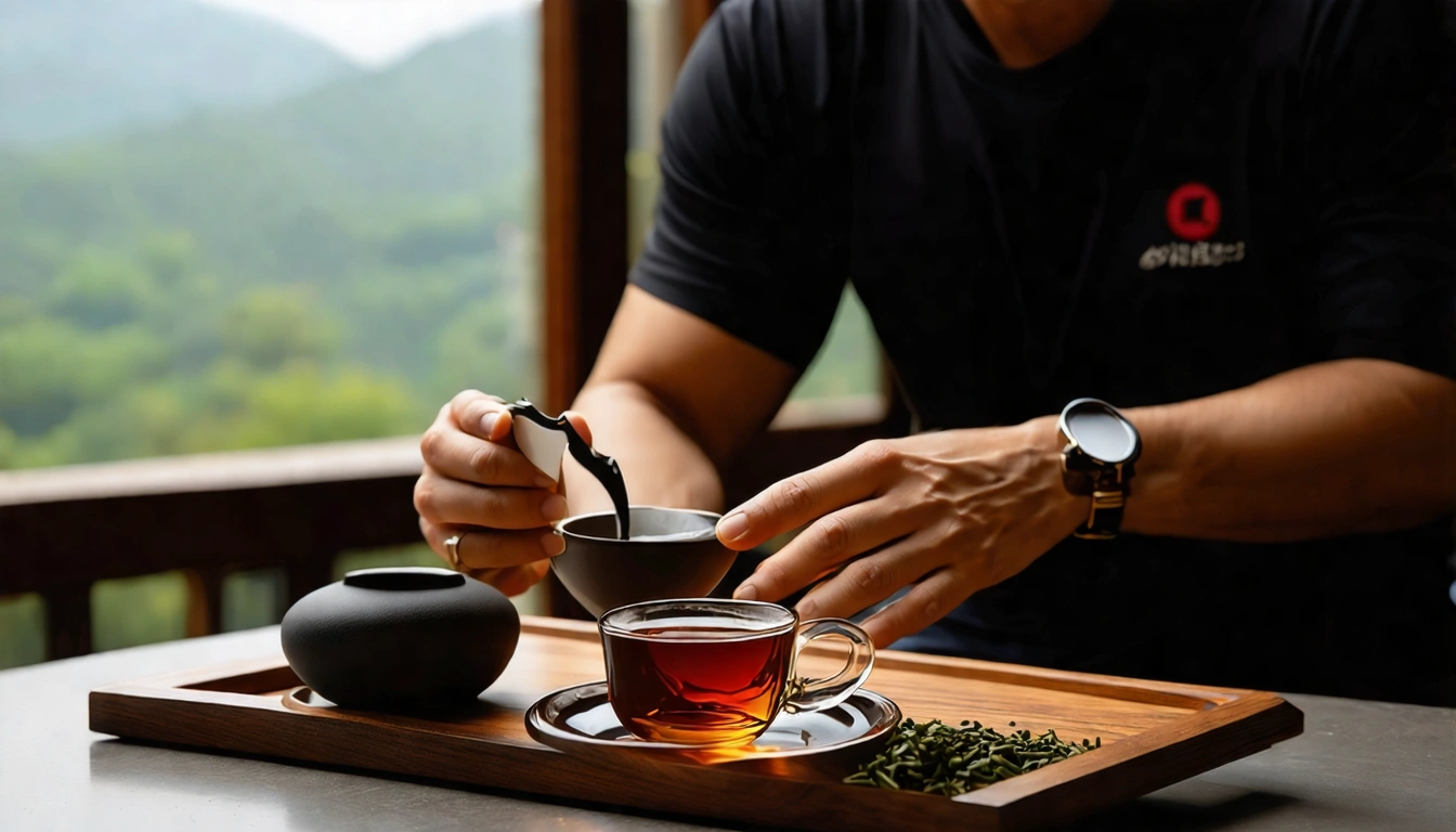 男生喝台灣茶的場景,功夫茶具組擺在木質茶盤上,高山烏龍茶湯琥珀透亮,台灣紅茶在馬克杯中深紅色,運動後補充抗氧化場景