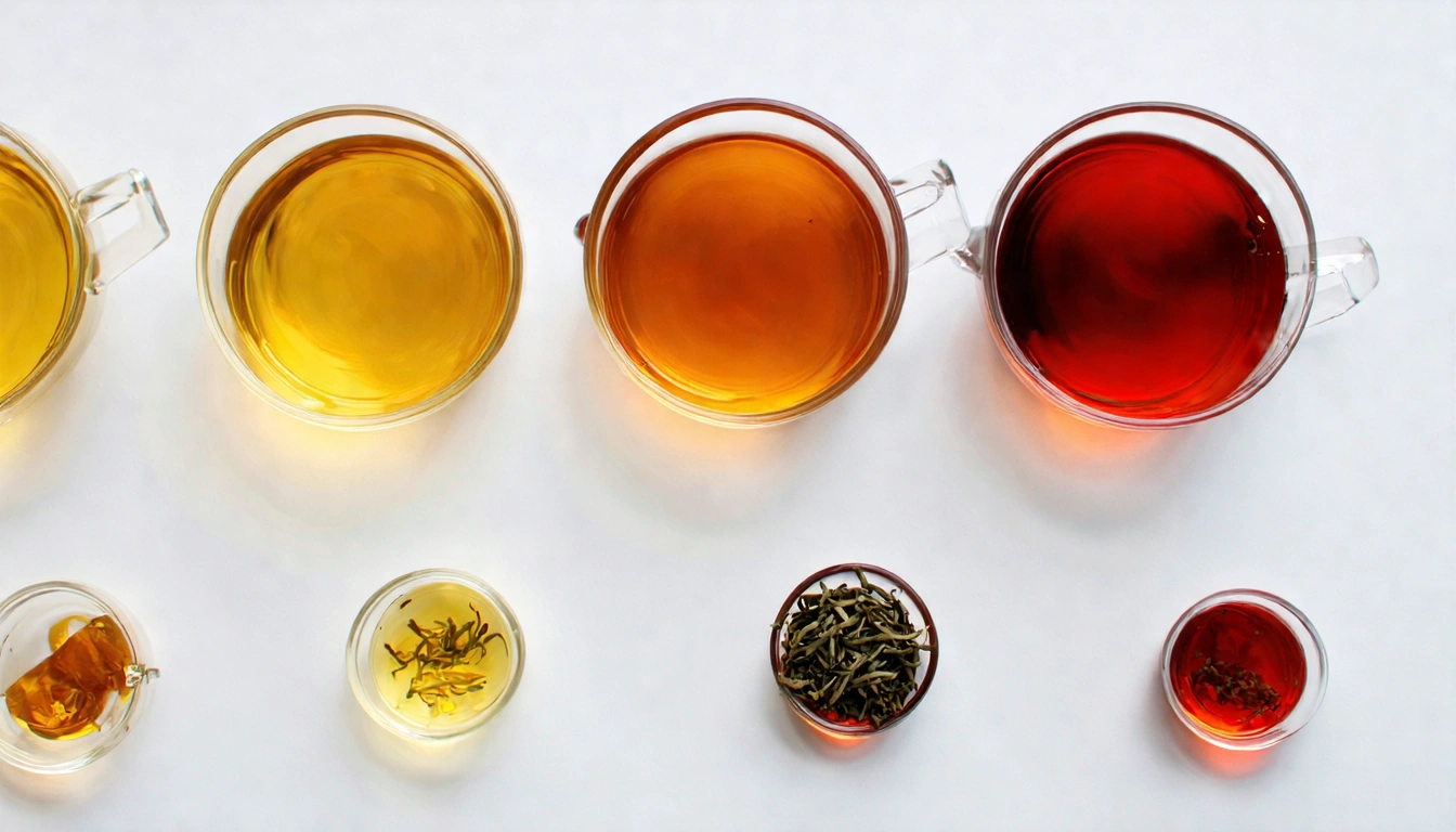 五個透明玻璃杯並排俯視圖，從左到右裝著不同顏色的台灣茶湯：淡黃（金萱）、金黃（阿里山烏龍）、橙金（東方美人）、琥珀（凍頂烏龍）、深紅（日月潭紅茶），展示台灣十大名茶的多樣色彩