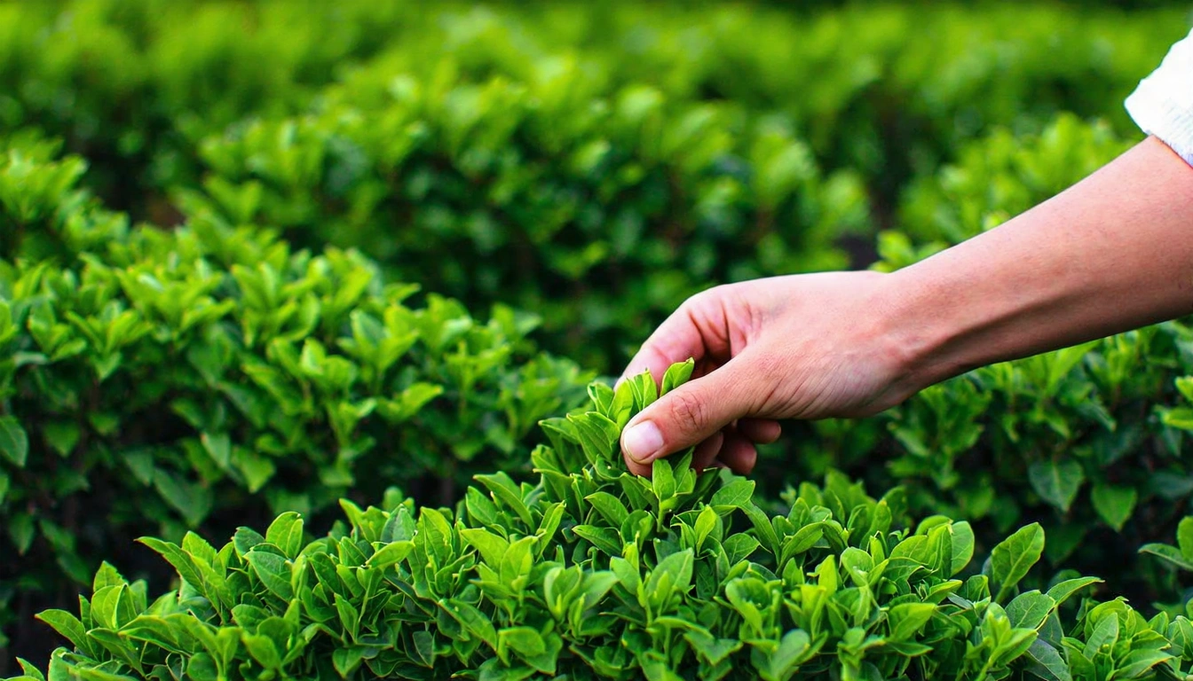 台灣茶農在茶園手工採茶的特寫，雙手輕柔採摘嫩芽，背景是翠綠茶行，早晨自然光線，展現台灣茶農的用心與技術