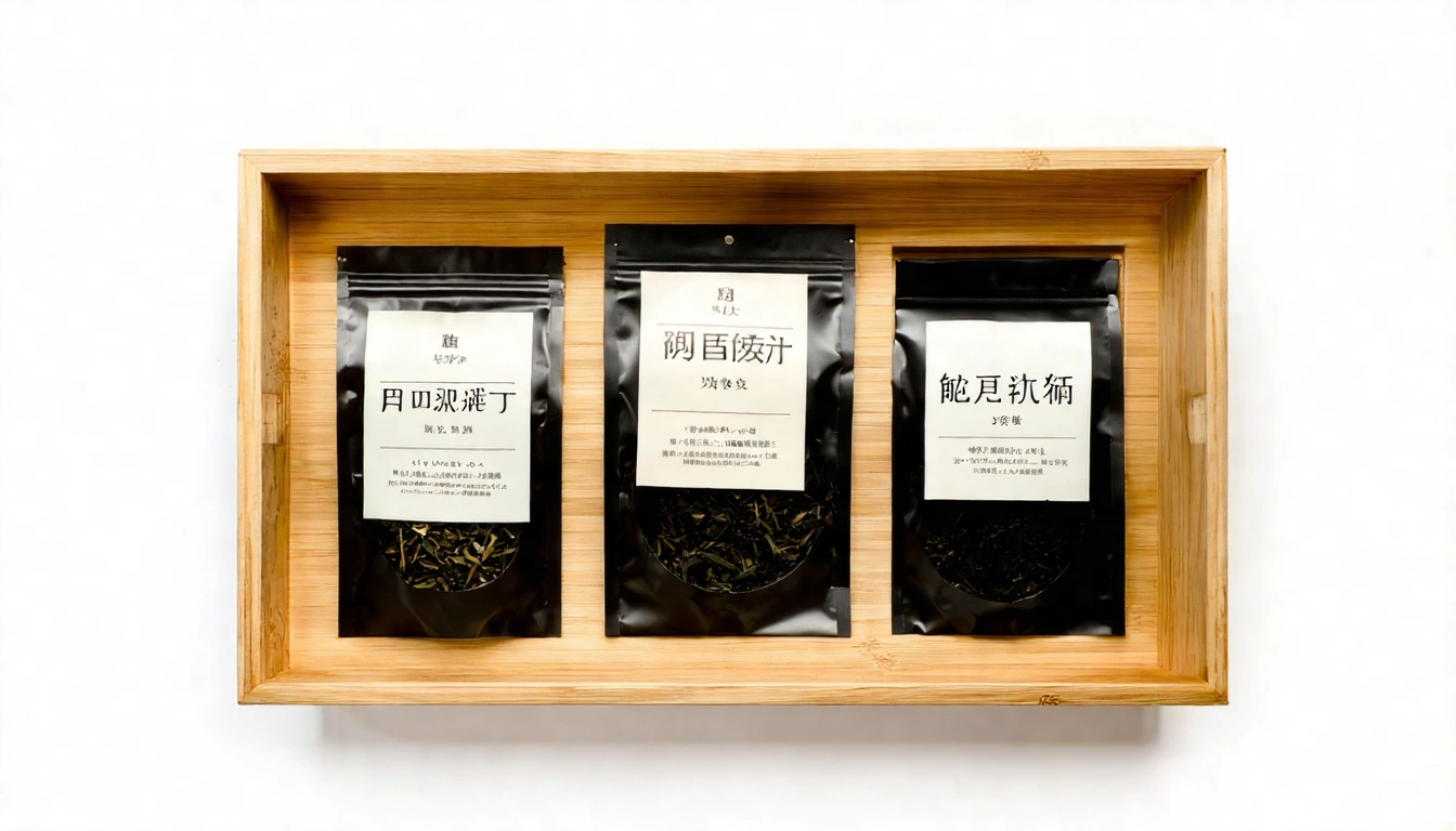 台灣茶包與散茶的新手入門組合，木質托盤上擺著金萱、四季春、阿里山烏龍茶包，旁邊附有品茶說明卡，白色背景乾淨整潔