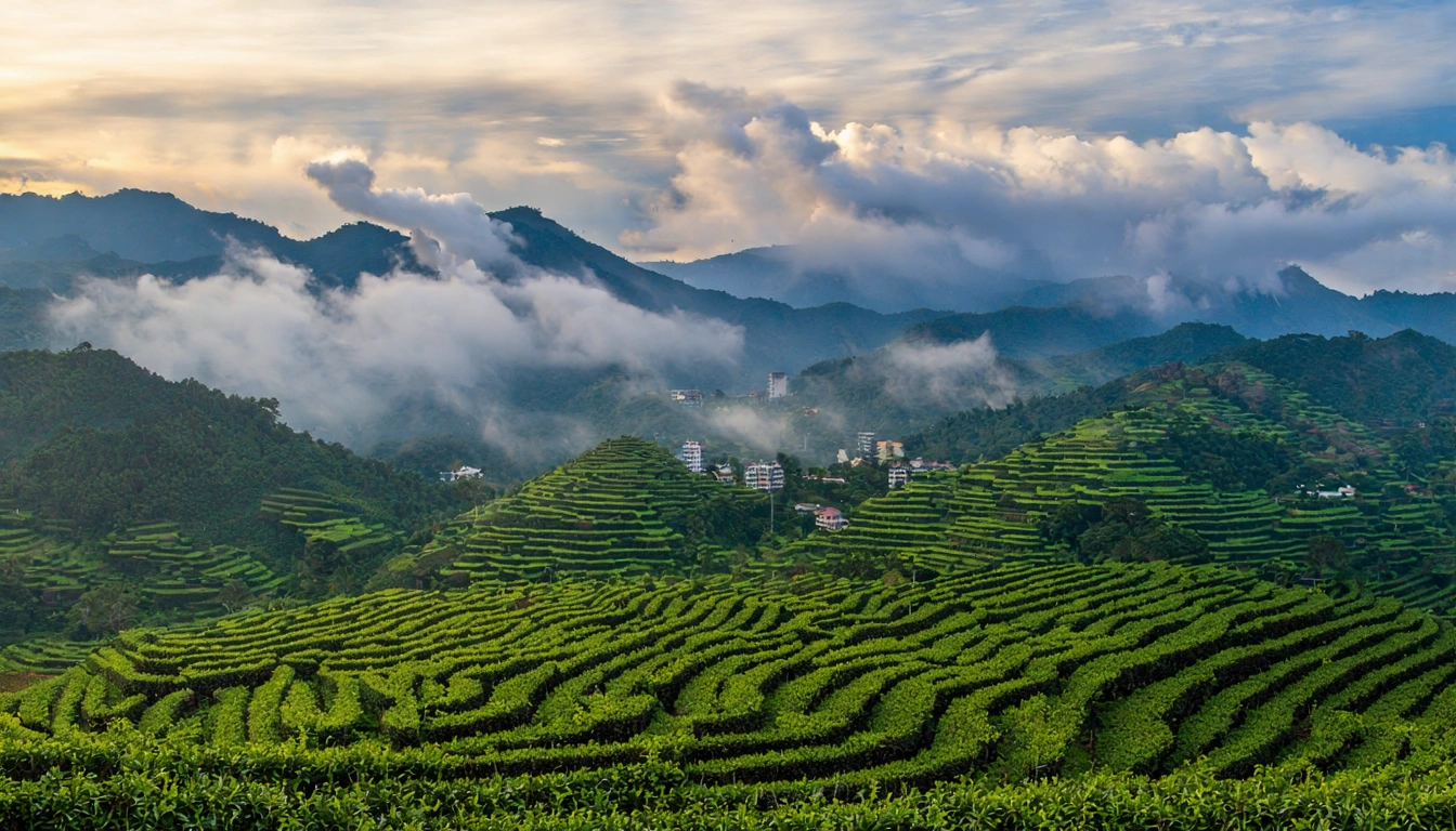 中部台灣茶區的山地景觀全景，展示南投梨山、杉林溪不同海拔的翠綠茶園梯田，早晨雲霧繚繞山頭，金色晨光穿透雲層，展現高山茶的生長環境