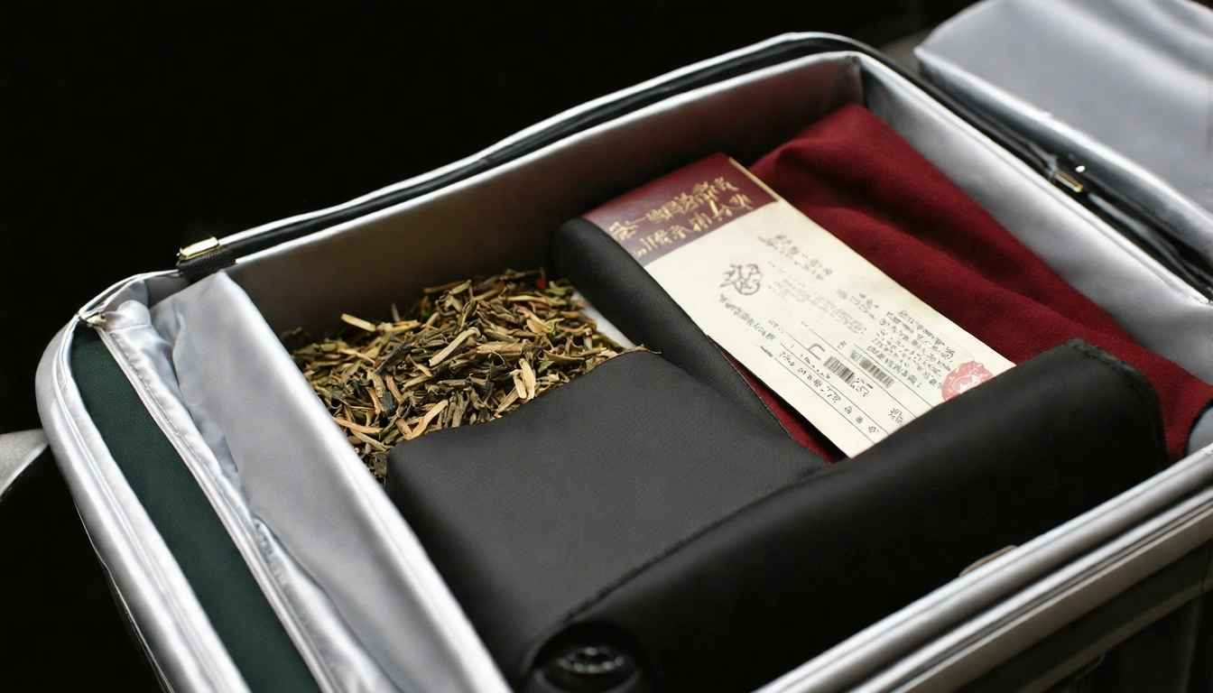Taiwan tea travel packing scene showing premium oolong gift box fitting neatly inside carry-on suitcase with clothes, passport and boarding pass visible, practical travel souvenir packing photography