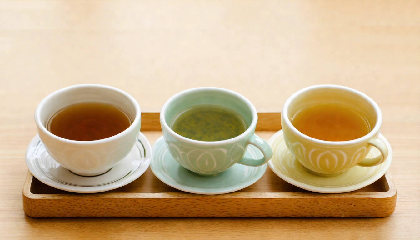 三種茶葉的入門體驗場景:台灣阿里山烏龍、日本煎茶、中國龍井並排擺放在木質茶盤上,各自配有對應產地的茶杯,自然光線從左側打入,呈現不同茶系的入門選擇