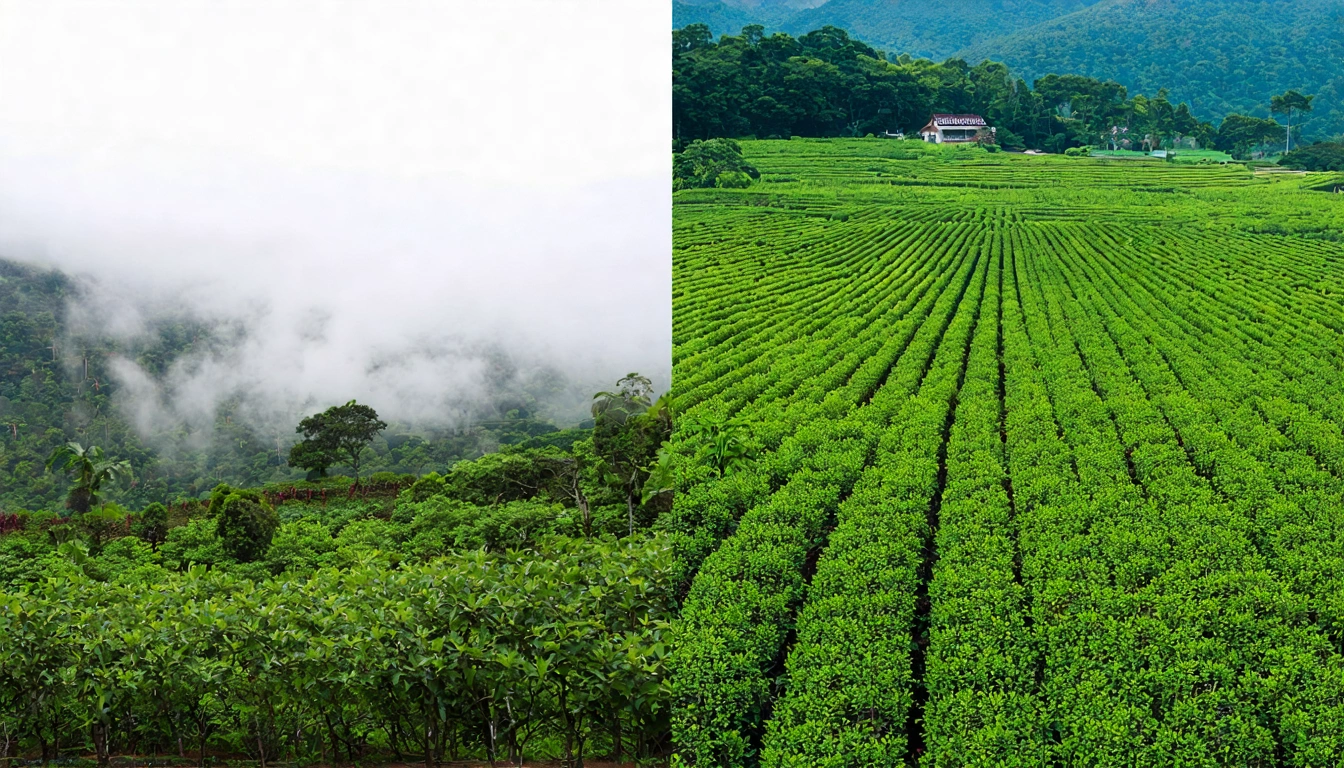 台灣烏龍茶山與日本茶園的對比，左側阿里山高山茶園雲霧繚繞（海拔1,400公尺），右側日本宇治茶園整齊的茶行平地栽培，視覺呈現風土差異