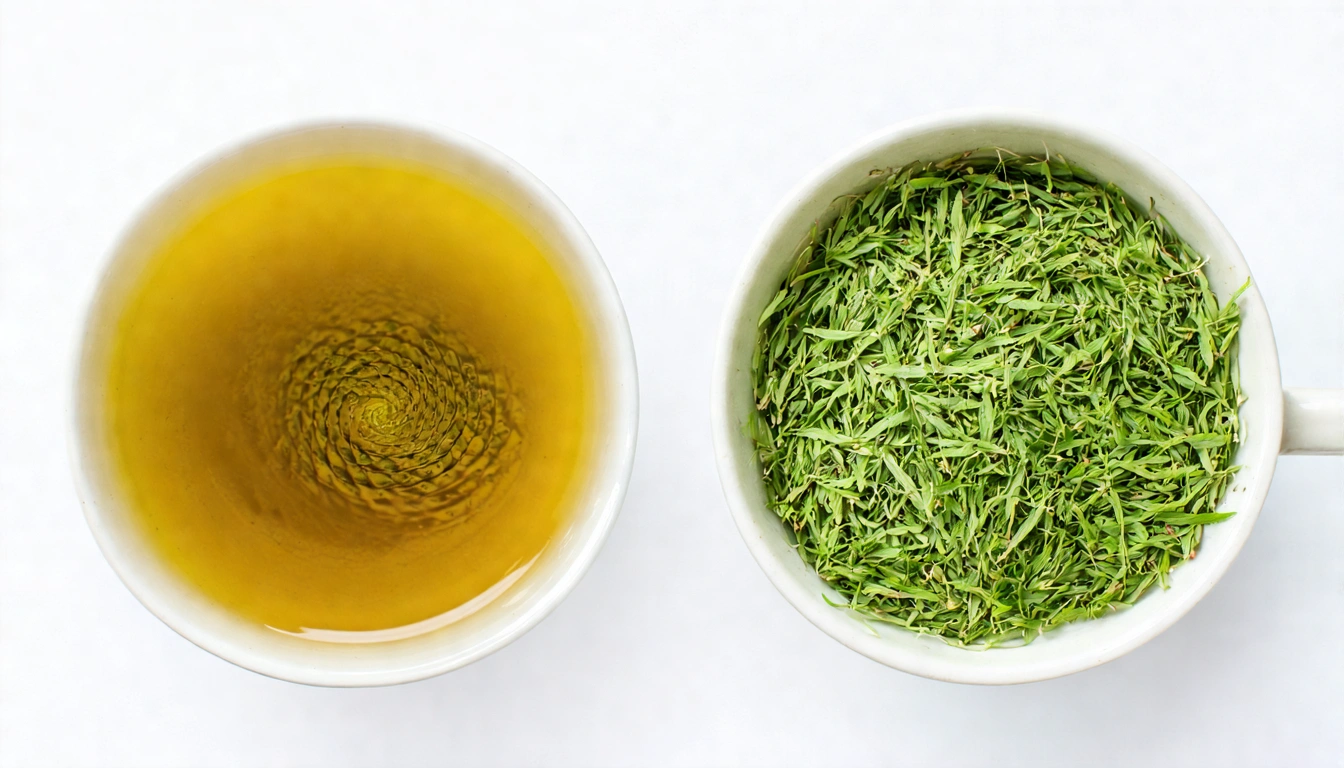 台灣三峽碧螺春與日本煎茶的並排對比，兩杯翠綠茶湯在白色背景前，左側台灣碧螺春茶湯偏黃綠，右側日本煎茶茶湯偏翠綠，兩堆茶葉展示螺旋形和針形的差異