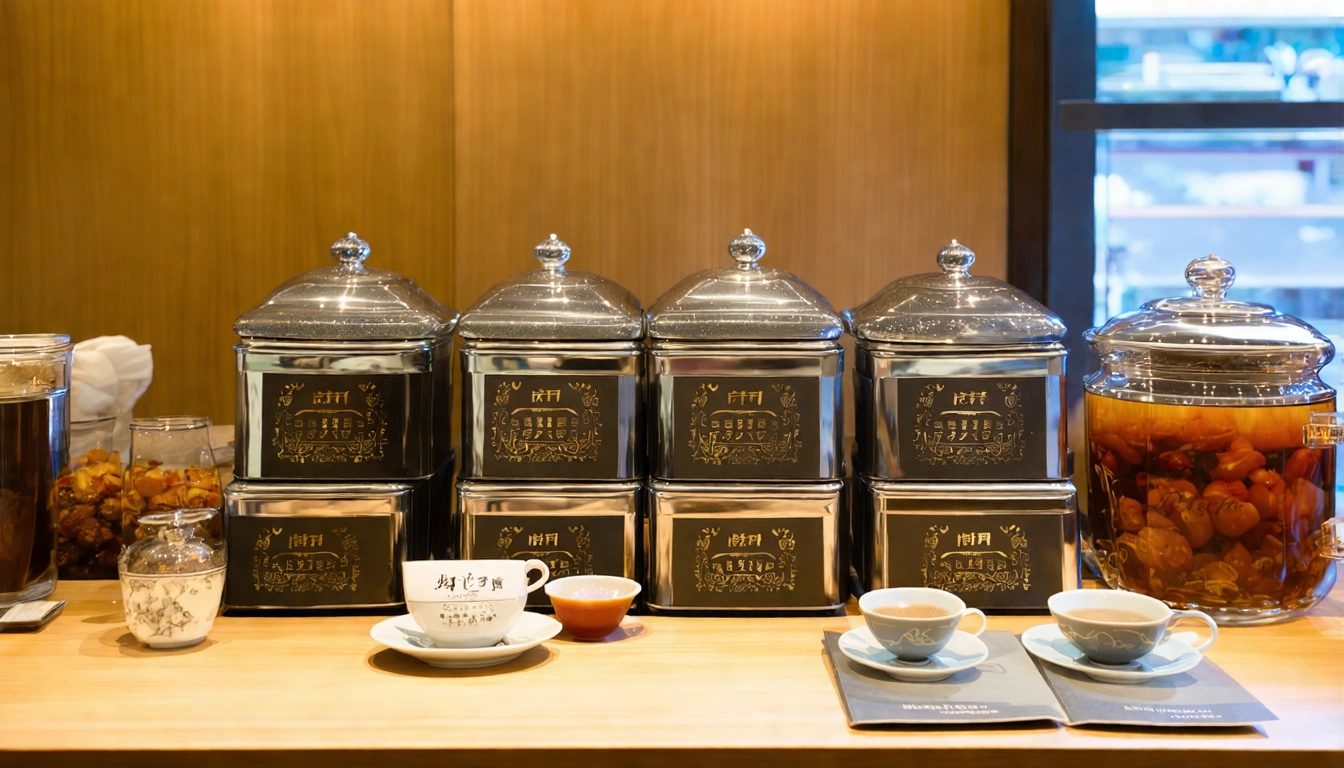 餐廳旅館的營業用台灣茶葉批發場景,整齊擺放的大包裝散茶罐和茶包盒,旁邊是茶具組和菜單,呈現高品質餐飲服務的茶葉供應