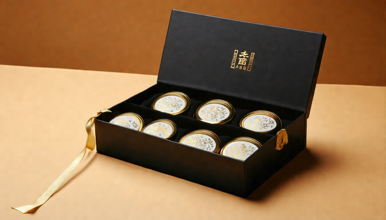 台灣茶葉客製化企業禮盒,精美的客製包裝禮盒打開展示多款台灣高山茶小罐,搭配燙金品牌標誌和精緻緞帶,高端企業送禮質感