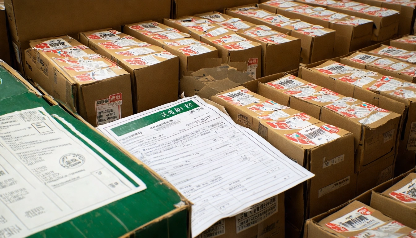 台灣茶葉出口準備場景,整齊打包的台灣茶葉箱旁邊是出口文件(植物檢疫證明、裝箱單),台灣農業部徽章和英文出口標籤,呈現台灣茶葉走向國際市場的流程
