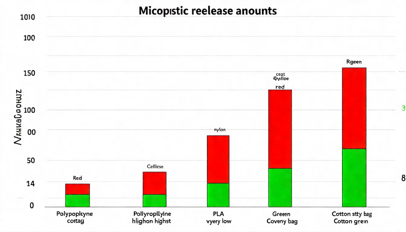 茶包材質微塑料釋出量比較長條圖,X軸列出五種材質(聚丙烯、纖維素、尼龍6、PLA、棉布袋),Y軸為釋出量(顆/毫升),聚丙烯顯示最高紅色長條,PLA和棉布袋顯示極低的綠色短條,整體圖表清晰易讀