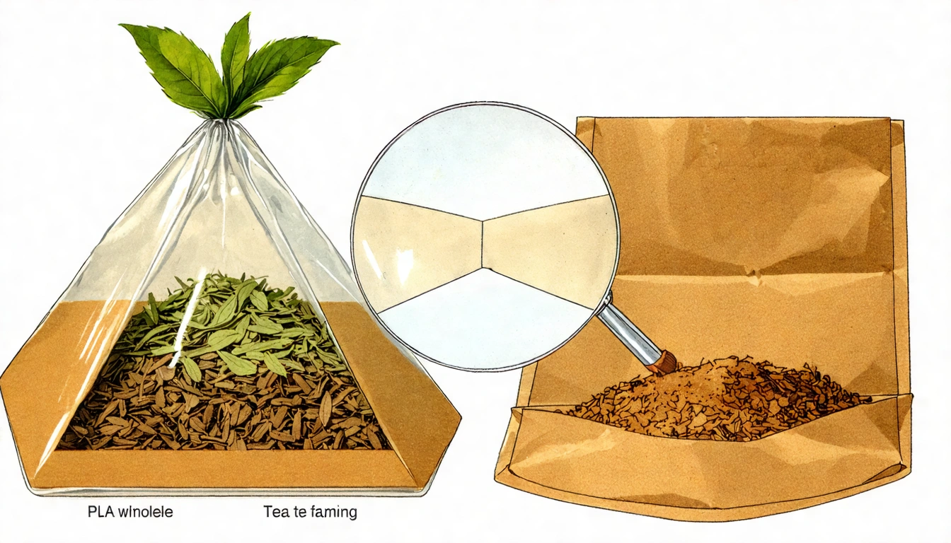 兩款茶包剖面示意圖:左側原葉三角茶包(可見整片茶葉展開)vs 右側碎茶平袋(填滿茶末),中間用放大鏡圖示聚焦差異,標示「原葉茶包」vs「碎茶茶包」
