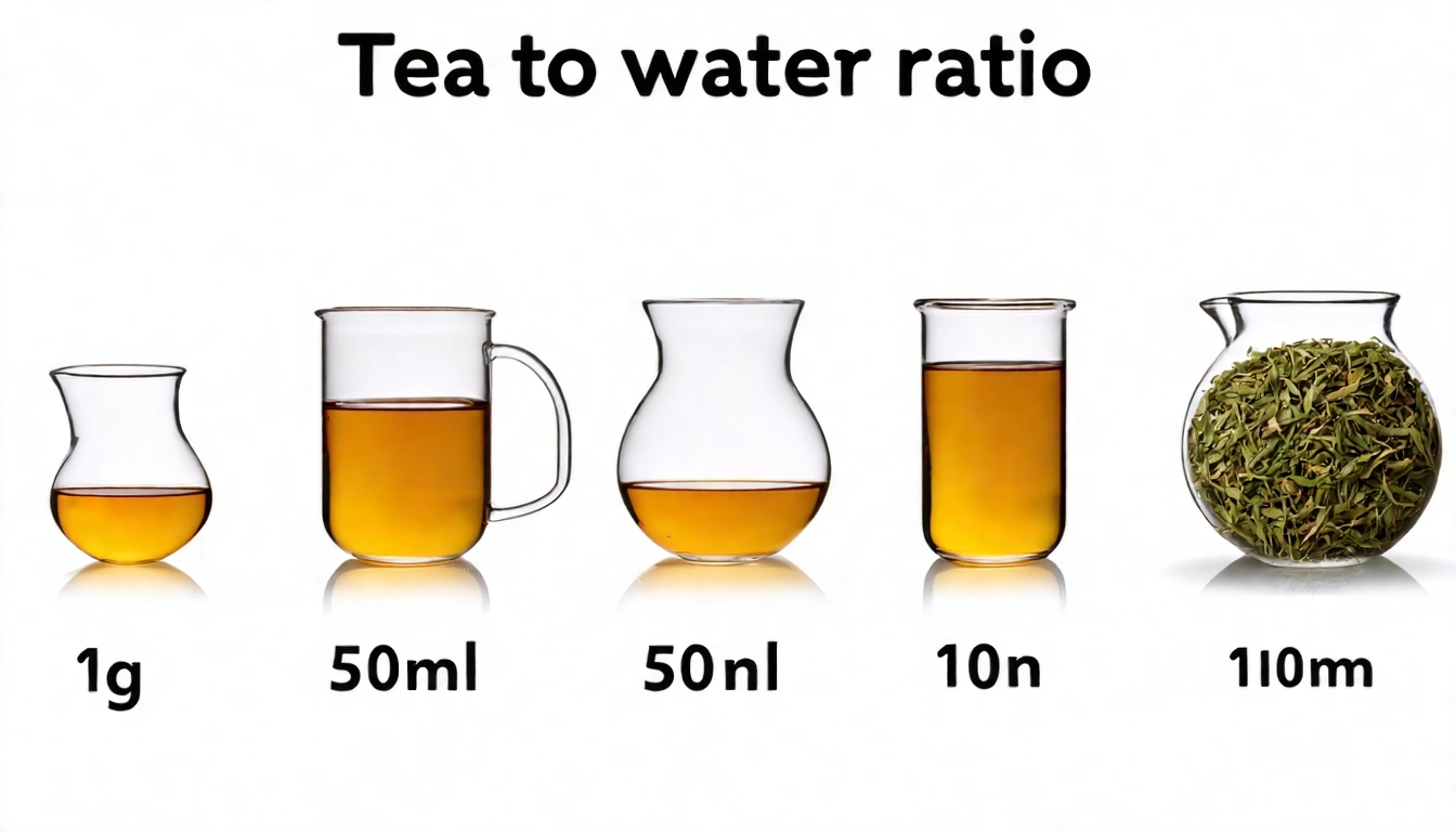 茶葉與水比例示意圖,展示1克茶葉對應不同水量的視覺對比,從功夫茶的30ml到大壺茶的100ml,直觀的比例圖解