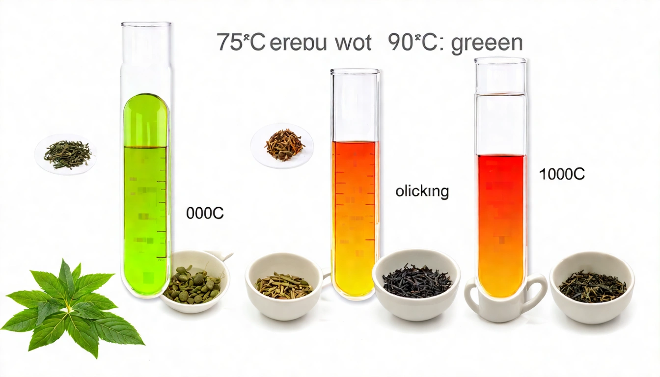 泡茶水溫示意圖,溫度計旁邊有三個茶杯分別標示75°C(綠茶)、90°C(烏龍)、100°C(紅茶),每個茶杯旁有對應茶葉照片,清晰的教學視覺設計