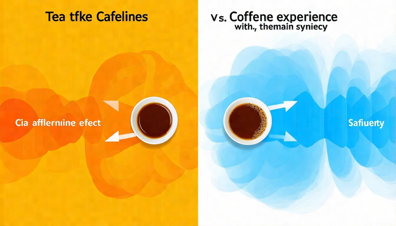 喝茶 vs 喝咖啡的感受差異對比圖,左側顯示咖啡因+L-茶胺酸協同作用的「平靜清醒」效果,右側顯示純咖啡因的「亢奮焦慮」效果,科學教育型圖解