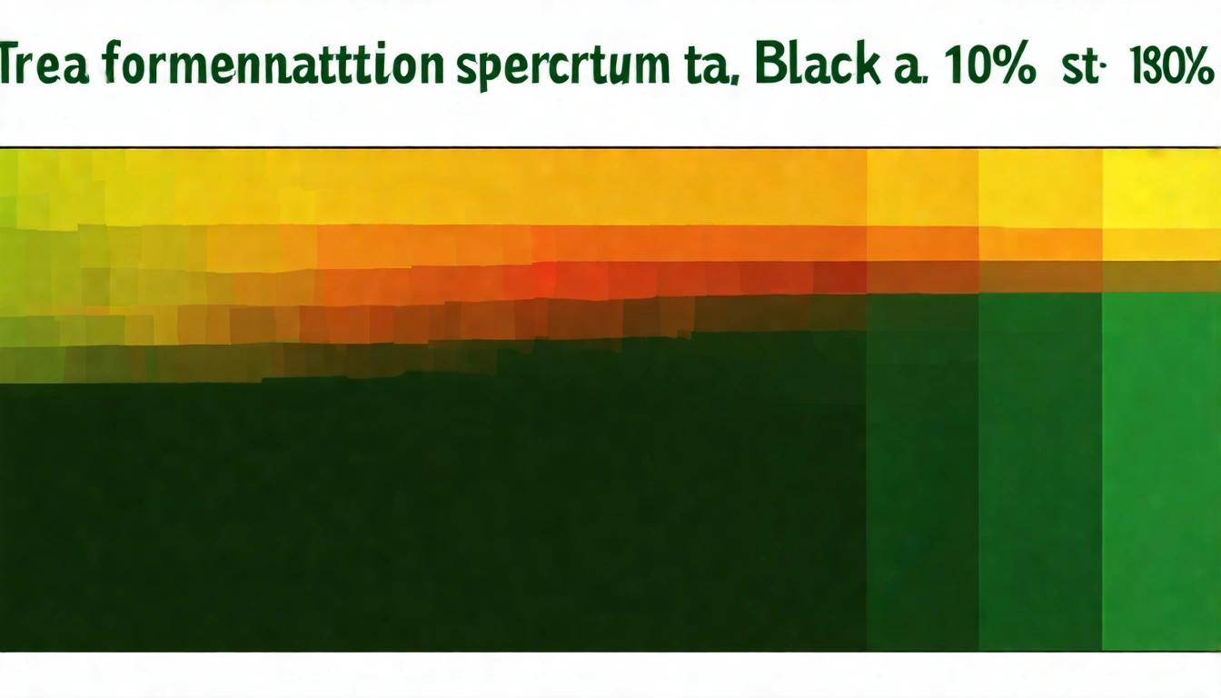 茶葉發酵程度光譜圖,從左至右展示綠茶(0%)、白茶、黃茶、烏龍茶、紅茶、黑茶的茶湯顏色漸層和茶葉外觀變化