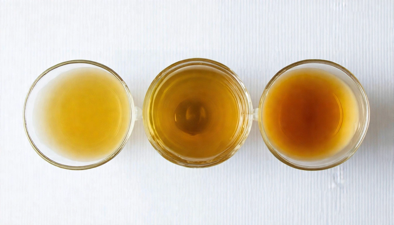 三杯台灣烏龍茶茶湯並排比較,從左到右依序是輕發酵(淡黃清透)、中發酵(金黃琥珀)、重發酵(深蜜金),白色背景清楚展示發酵程度對茶湯顏色的影響