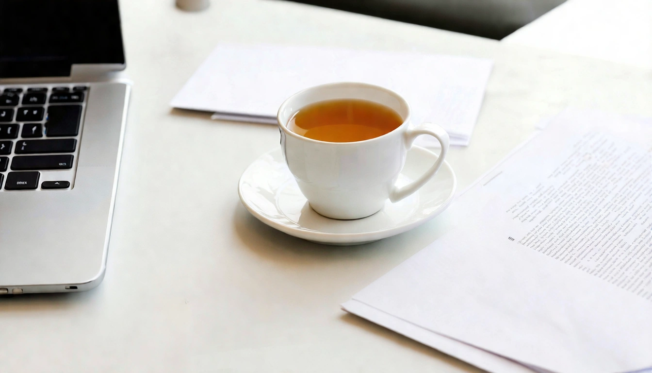 辦公室下午茶時光場景，一杯淡金色台灣烏龍茶放在辦公桌角，旁邊是工作文件，自然光從窗戶照進，呈現上班族短暫休息的靜謐時刻