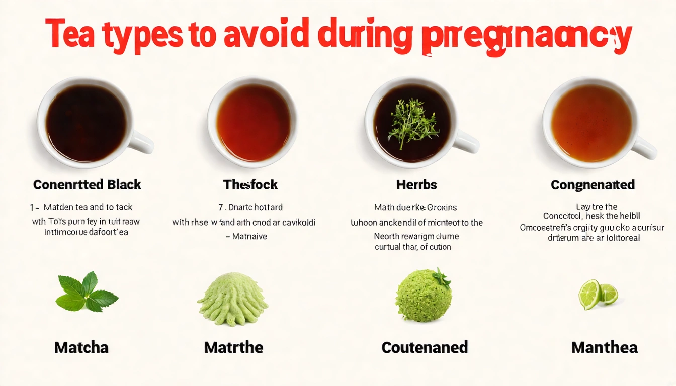 孕婦應避免的茶類教學圖,以警示圖示標出高咖啡因茶款(濃紅茶、抹茶)和需謹慎的花草茶