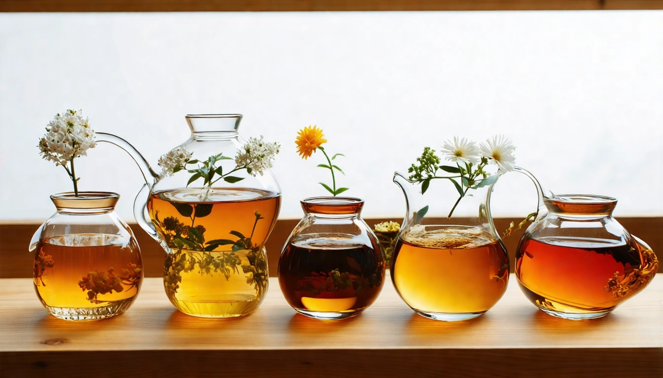 文青必喝的5款台灣茶並排,四季春清透金黃、金萱奶白柔和、東方美人琥珀蜜黃、高山烏龍清亮、蜜香紅茶深琥珀,各自有獨特視覺魅力