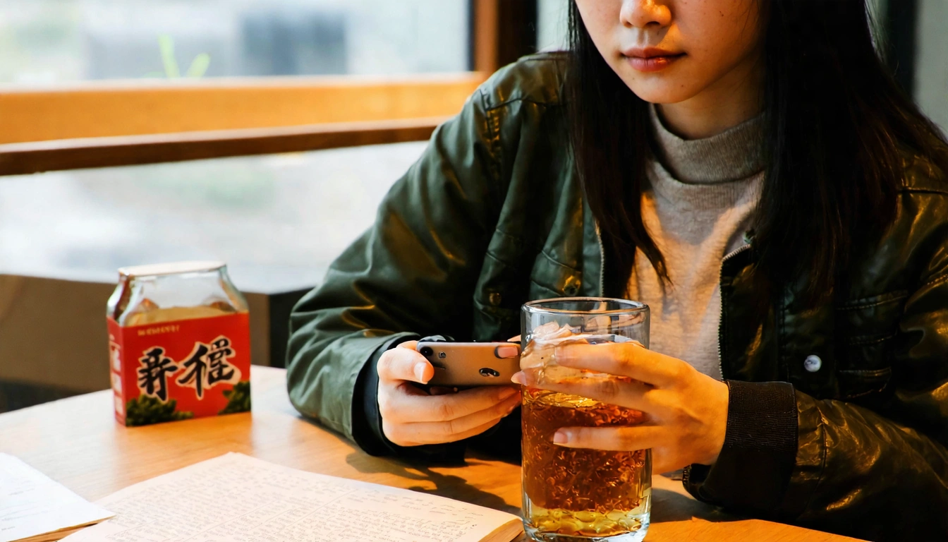 年輕人在咖啡廳或書桌前,左手拿著冷泡茶玻璃瓶,右手滑手機,背景有台灣茶葉包裝,呈現現代年輕人的喝茶生活日常