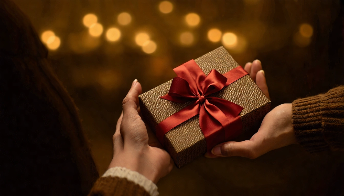 茶研所禮盒送禮情境圖,一雙手捧著精美茶葉禮盒,背景是溫暖的家庭氛圍