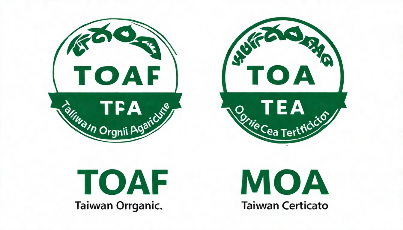有機茶認證標章比較,展示TOAF慈心、TOPA寶島、MOA等台灣主要有機農業認證標誌,清楚標示各標章的識別特徵
