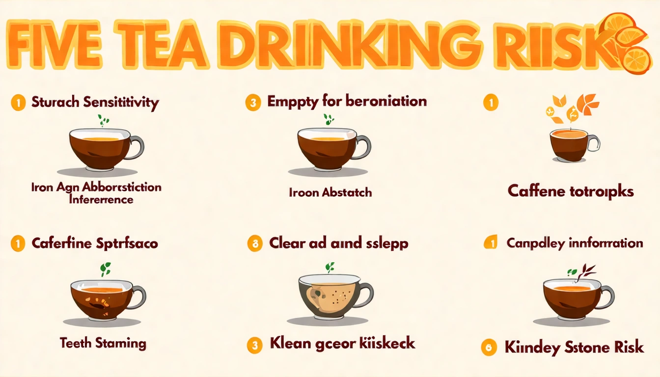 喝茶5個注意事項資訊圖,展示空腹傷胃、影響鐵質吸收、失眠、牙齒染色、腎結石各項說明