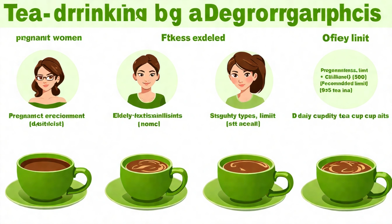 各族群喝茶建議對照圖,展示孕婦、老人、健身族、辦公族各族群對應的推薦茶款和每日建議杯數,清楚的分欄對照設計