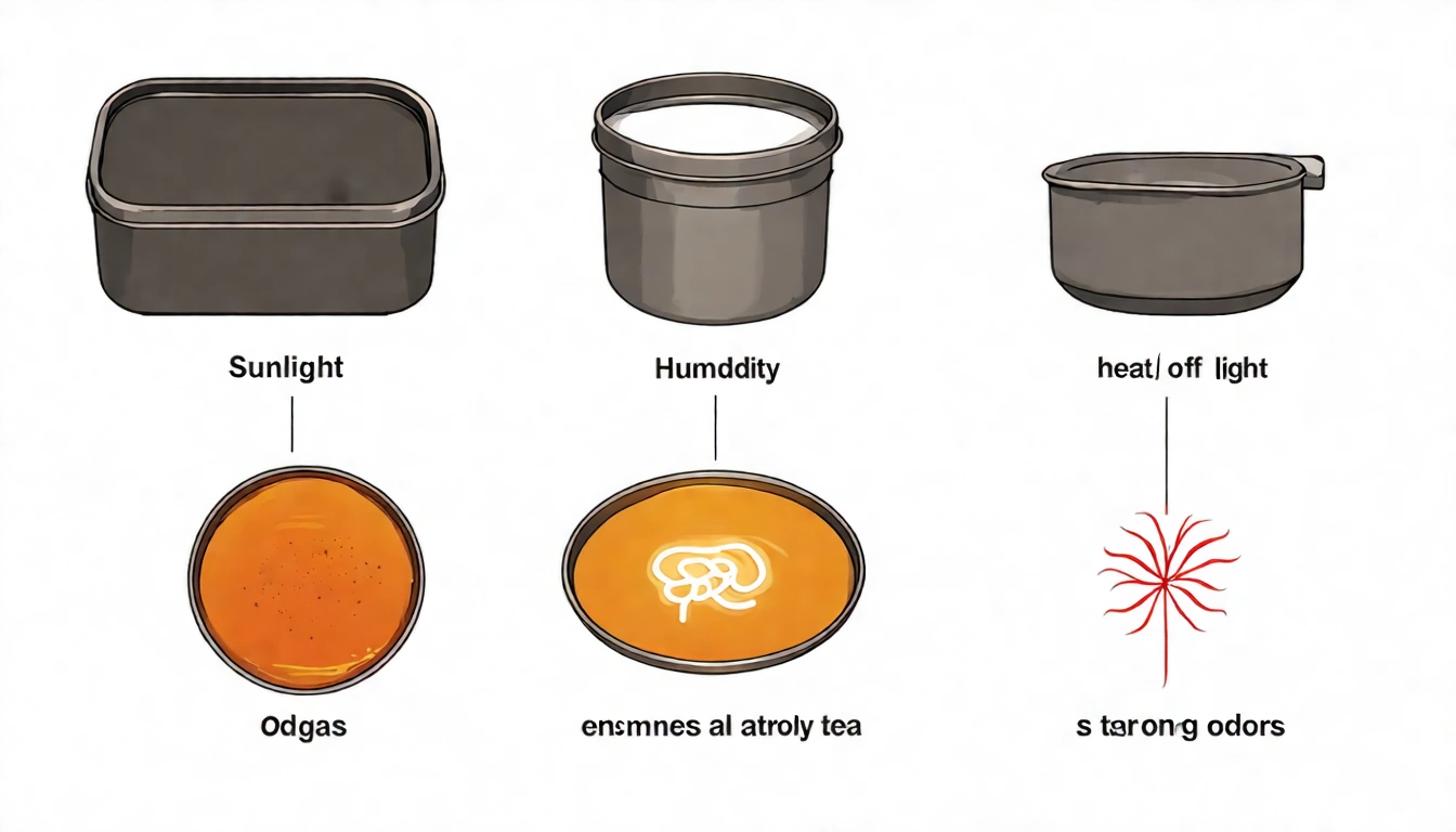茶葉保存方式示範圖，展示密封錫罐、夾鏈袋、避光儲存的正確做法，旁邊標示光照、濕氣、高溫、異味四大天敵圖示