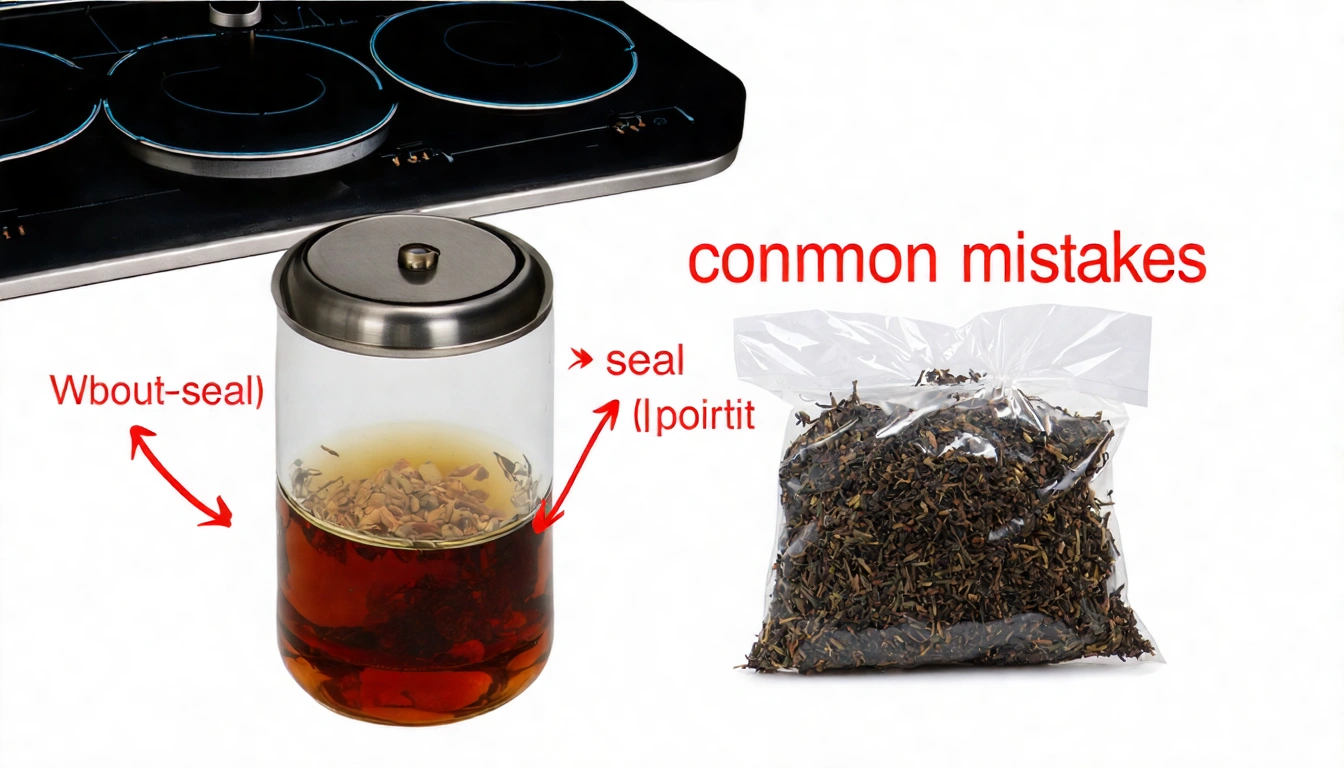 茶葉保存常見錯誤示範,展示不正確的保存方式(沒有密封的茶葉罐、放在廚房灶台旁),以警示標記標出問題